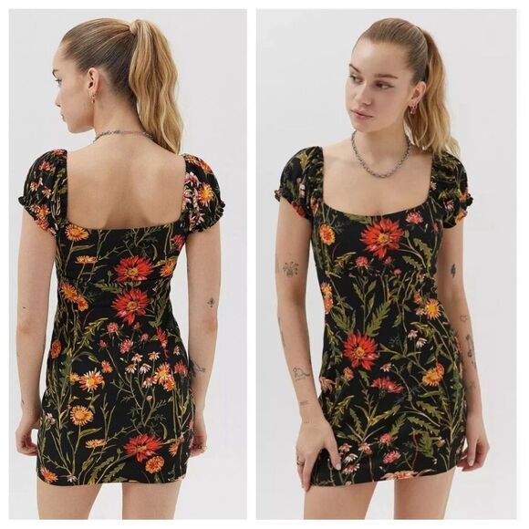 Urban Outfitters Black Floral Bodycon Dress XS Stretchy - Picture 1 of 8